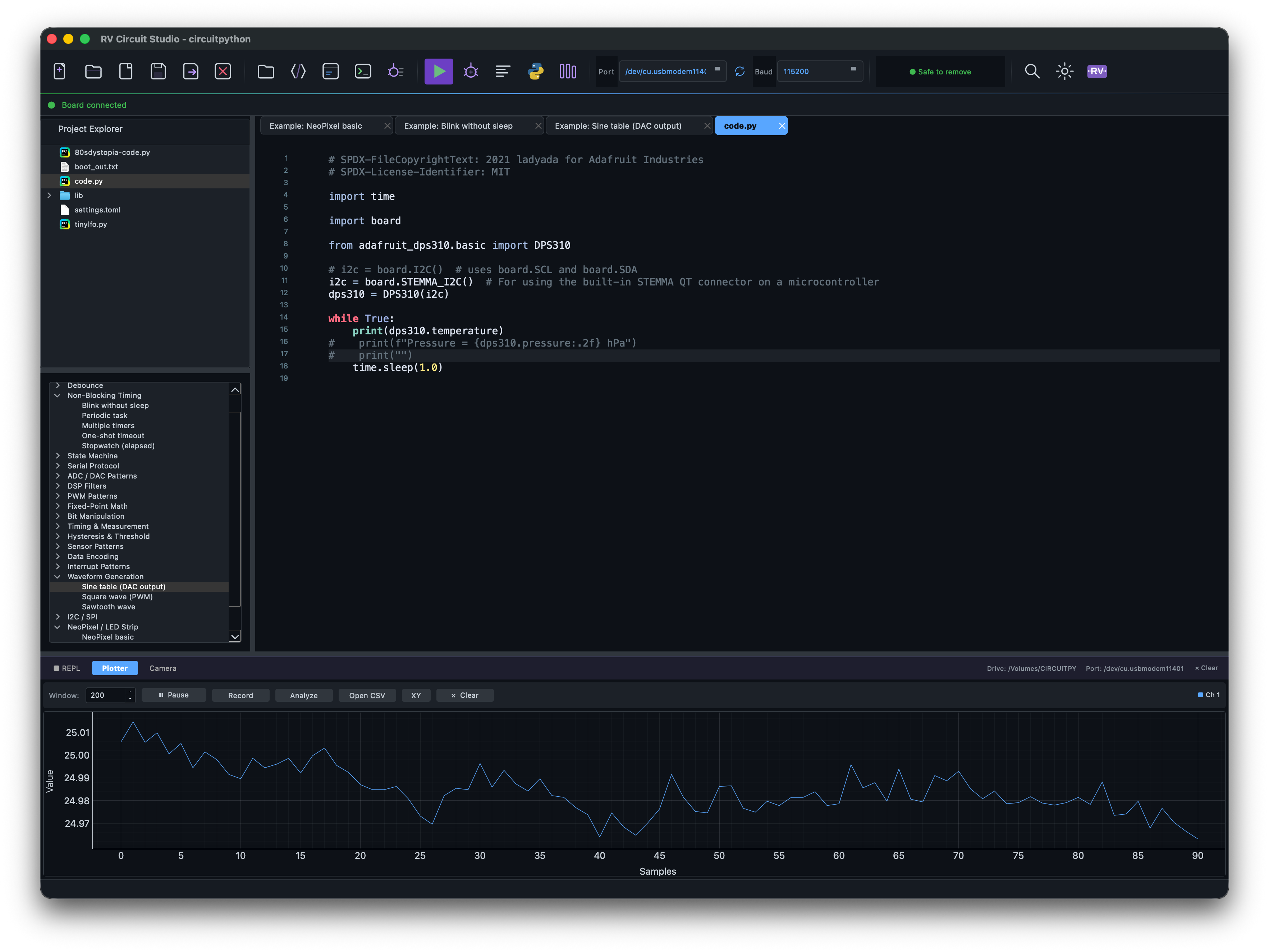 RV Circuit Studio screenshot featuring the code editor, snippets window, and serial plotter